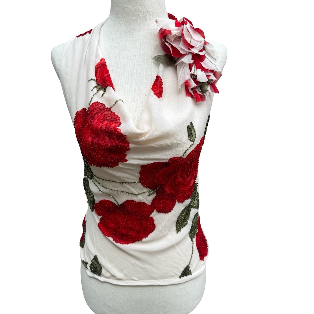 Sheri Bodell Y2K Silk Halter Top Romantic Coquette Beaded Floral Cowl Neck Tie